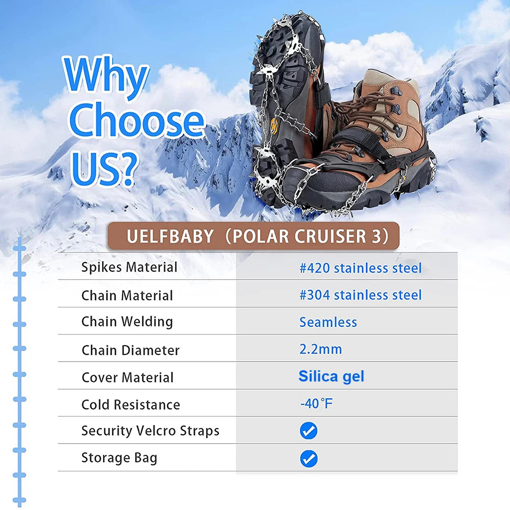 Crampons Shoes 19 Spikes Ice Snow Gripper Shoes Camping Anti-Slip Climbing Protect for Jogging Walking Hiking on Snow Ice