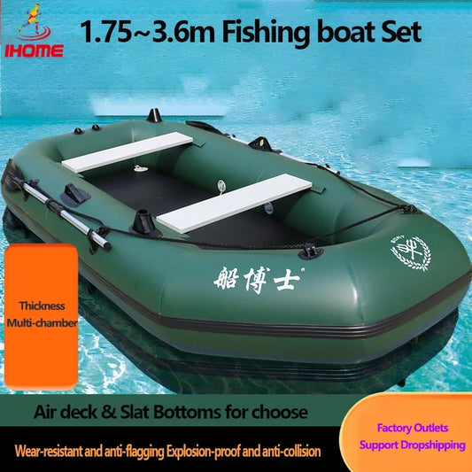 PVC Inflatable Fishing Kayak Boat (1.75–3.6m) – Air Deck & Slat Bottom Dinghy Raft with Oar Seats & Safety Net
