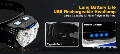 9 Led Strong Light Headlamp USB Rechageable Motion Sensor Headlight Portable Fishing Camping Outdoor Head Lamp 1200mah