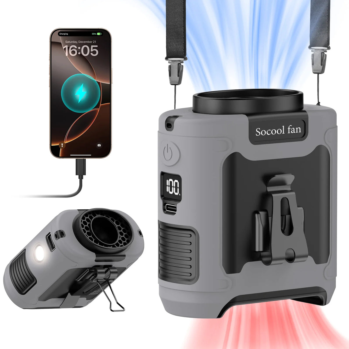 Socool Portable Waist Fan 10000mAh/20000mAh Handheld Hanging Neck Clip On Fan with Phone Charging LED Light for Outdoor Working