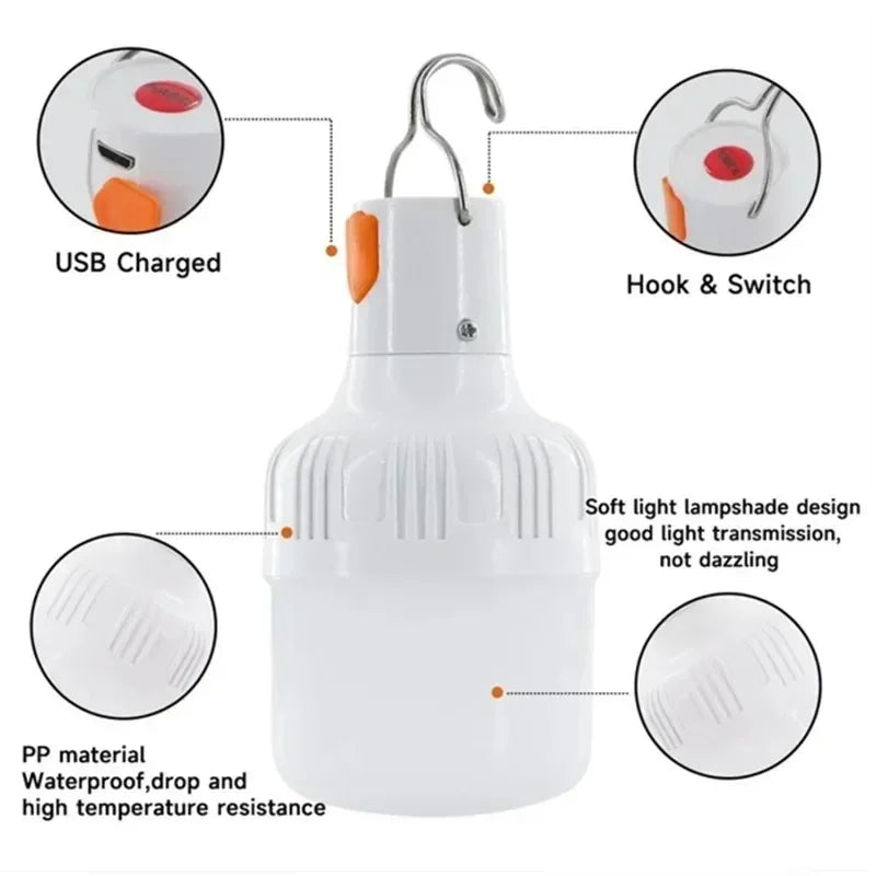 1PC USB Rechargeable 60W LED Camping Light Bulb Hanging Hook Emergency Lantern Portable Tent Lamp Outdoor Camping Night Market