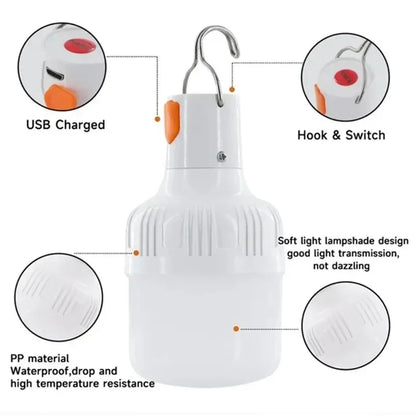 1PC USB Rechargeable 60W LED Camping Light Bulb Hanging Hook Emergency Lantern Portable Tent Lamp Outdoor Camping Night Market