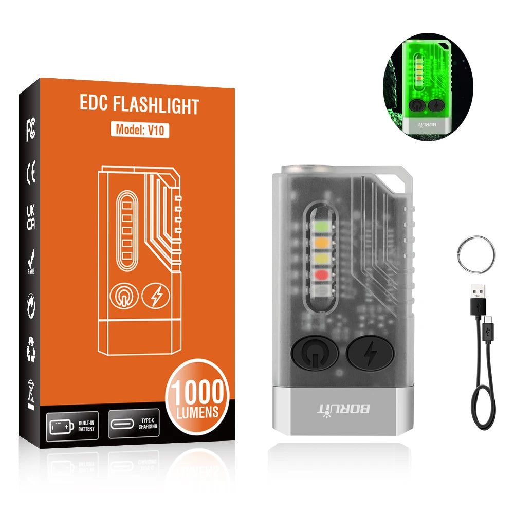 BORUiT V10 UV Keychain Flashlight – 1000LM, Type-C, Magnetic