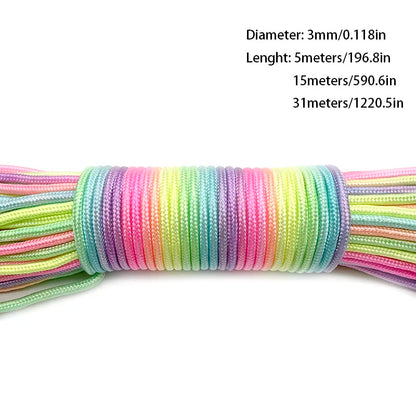 31mRainbow Paracord Rope 2mm/3mm/4mm 7 Strands Climbing Parachute Rope Survival Gear Bracelet Durable Cord for Outdoor Activitie