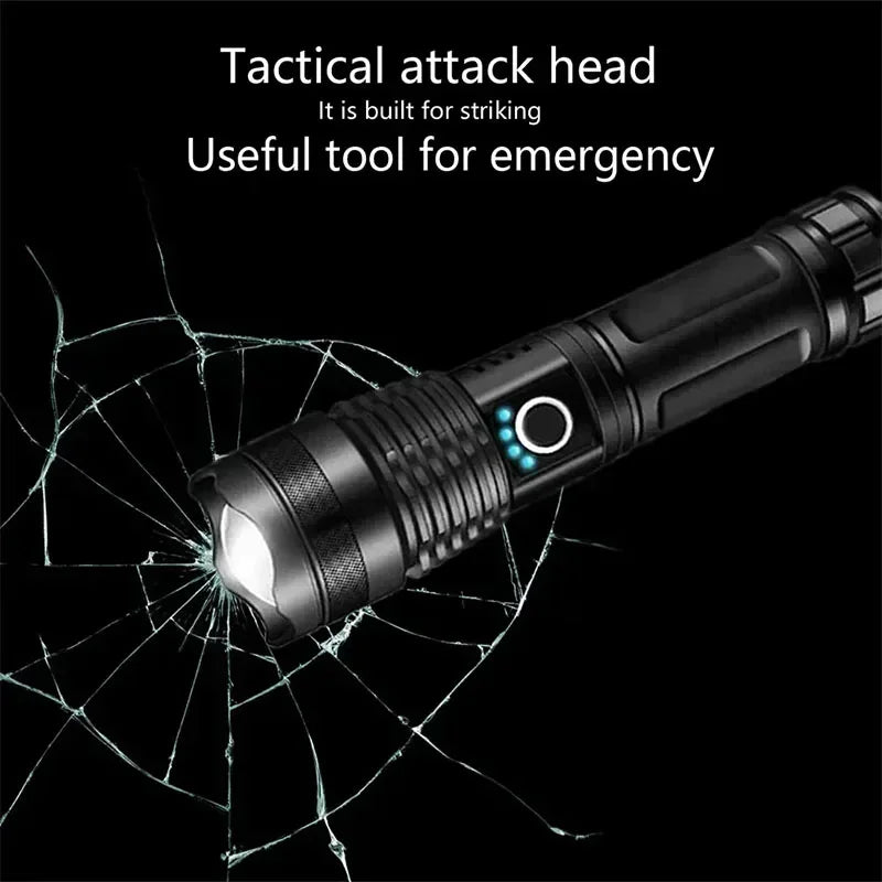 Rechargeable Led High Power Tactical Flashlight Aluminum Alloy Telescopic ZoomTorch Lamp for Outdoor Night Camping Fishing