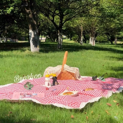 1pc Outdoor Picnic Mat, Summer Thick Waterproof Beach Blanket, Lace Red Checkered Camping Mat, Tablecloth Mat