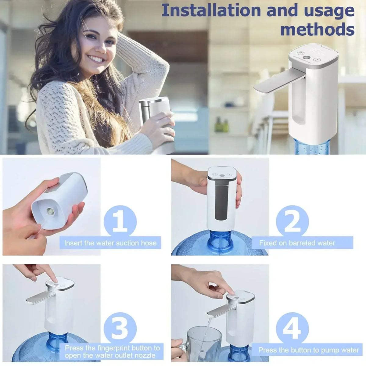LED Display Water Bottle Pump Foldable Electric 1200mah Type C Rechargeable Automatic Stop Touch Button 3 Quantitative Settings