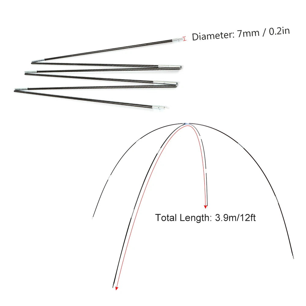 3.26m/3.4m/3.9m Camping Tent Rod 1 Pair 12 Pcs Glass Fiber Tent Arc Poles Replacement for Outdoor Equipment Accessories