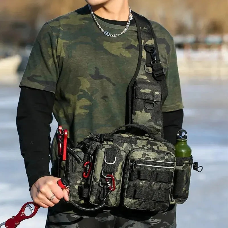Fishing Tackle Sling Backpack with Rod Holder