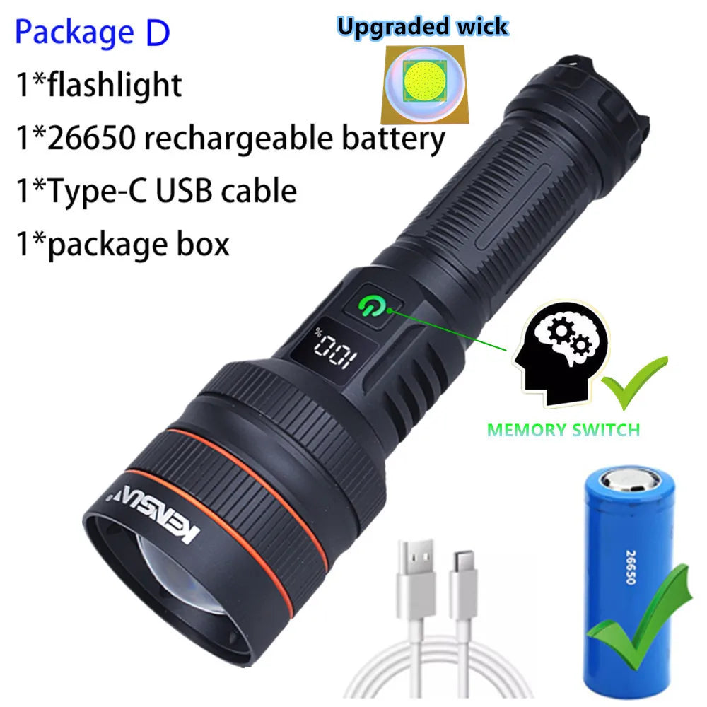 Bright Spotlight Long Range LED Flashlight Type-C Charging Strong Light Lamp Tactical Torch Waterproof Zoom Outdoor Lantern