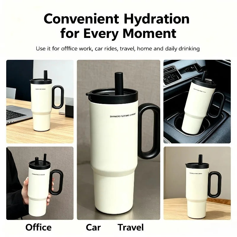 720ML Stainless Steel Thermos Cup with Straw & Handle Ice Coffee Drink Vacuum Insulated Cup Car Travel Outdoor Water Bottle