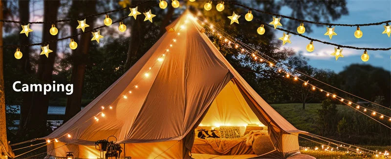 Solar LED String Lights Outdoor Camping Decor Crystal Ball and Stars String Lights 8 Modes Solar Lamp for Halloween Christmas