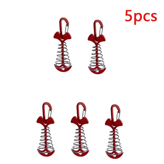 5pcs Fish Bone Shaped Tent Pegs with Rope Buckles Camping Deck Floor Nails Spring Design Outdoor Adventure Essential Accessories