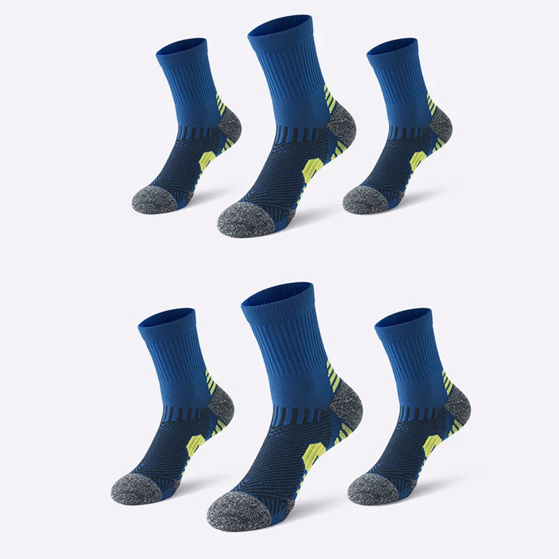 3 Pairs Men's Athetic Socks Sports Breathable Outdoor Running Compression Socks Traning Long Black White  BLUE Stretch Socks