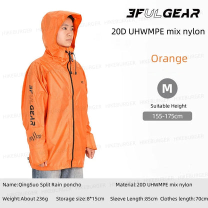 3F UL GEAR QingSuo Spilt Rain Poncho Outdoor Ultralight Sleeve Rain Coats 15D Nylon Waterproof Hiking Cycling Mountaineering