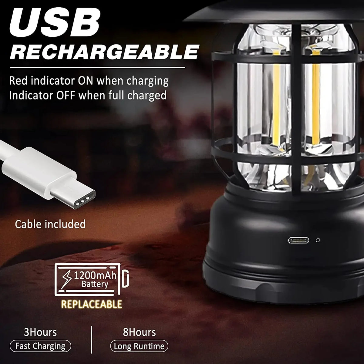 Rechargeable COB Camping Lantern – Stepless Dimming, Waterproof