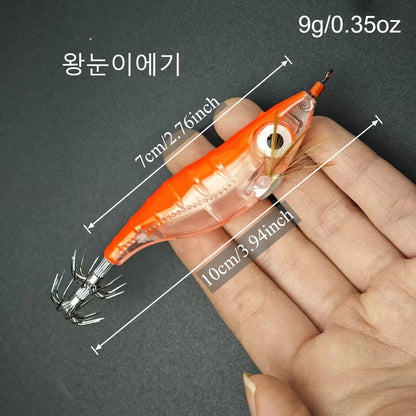 8pcs/set Luminous Squid Jigs 10cm Horizontal Egi Set Wood Shrimp Lures Octopus Cuttlefish Fishing Bait Glow Saltwater Tackle Kit
