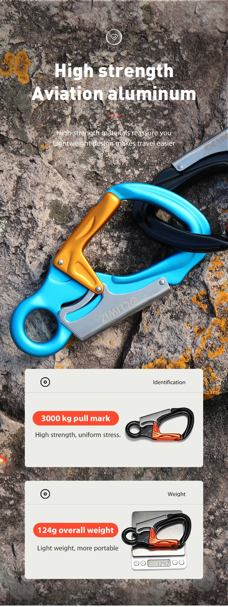CLIWIZ 7075 Aviation Aluminium Material 35KN Heavy Duty Tension Auto Safety Lock Outdoor Professional Climbing Carabiner CE/UIAA