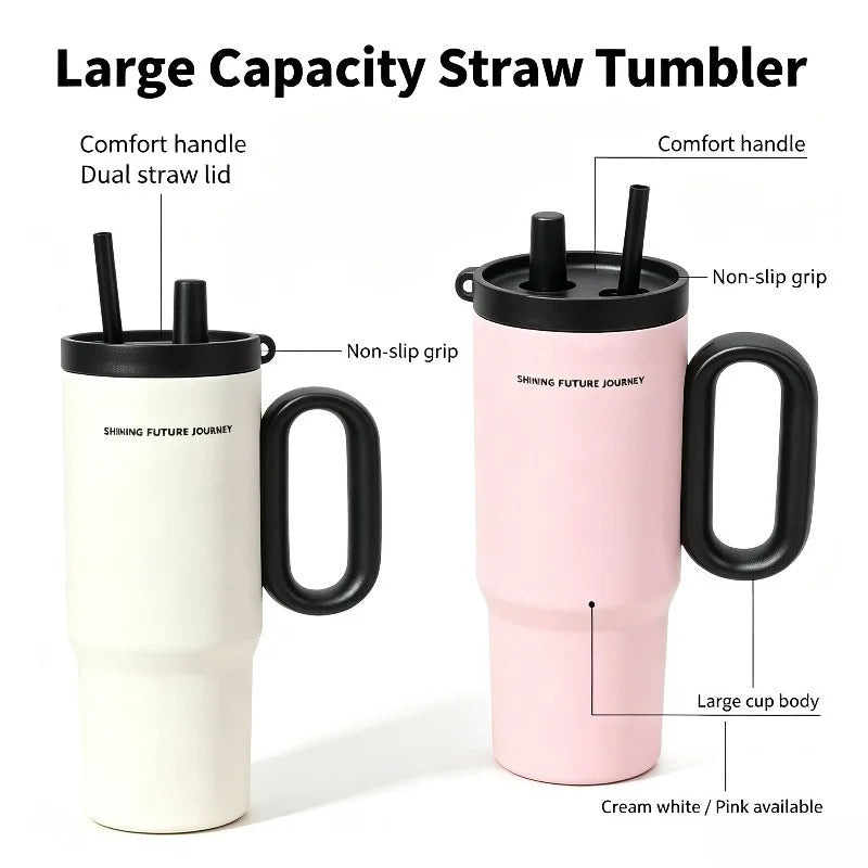 720ML Stainless Steel Thermos Cup with Straw & Handle Ice Coffee Drink Vacuum Insulated Cup Car Travel Outdoor Water Bottle