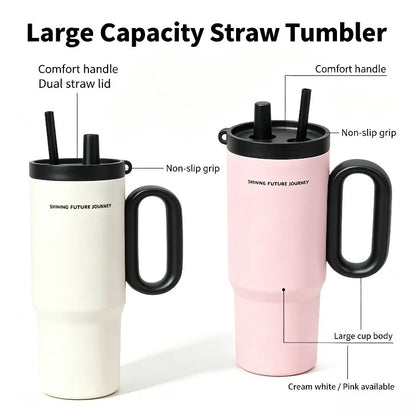 720ML Stainless Steel Thermos Cup with Straw & Handle Ice Coffee Drink Vacuum Insulated Cup Car Travel Outdoor Water Bottle
