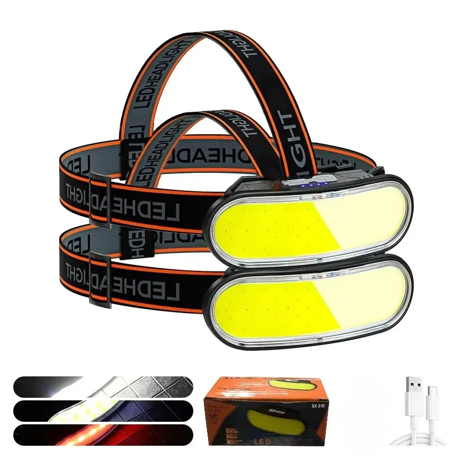 Powerful COB LED Headlamp Type-c Rechargeable Head Flashlight Built-in Battery Outdoor Fishing Camping Lantern Waterproof Torch