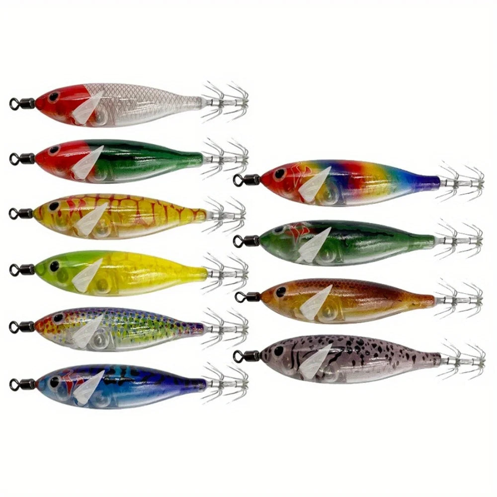 Ackibbik 10pcs/set 8cm/ 5.7g Shrimp Fishing Lures Luminous Squid Jig Hook Sea Fishing Accessories Artificial Bait Octopus Lure