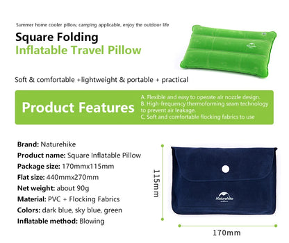Naturehike Square Inflatable Pillow Outdoor Camping Hiking Ultralight Travel Portable Airplane Folding Pillows Soft Comfortable