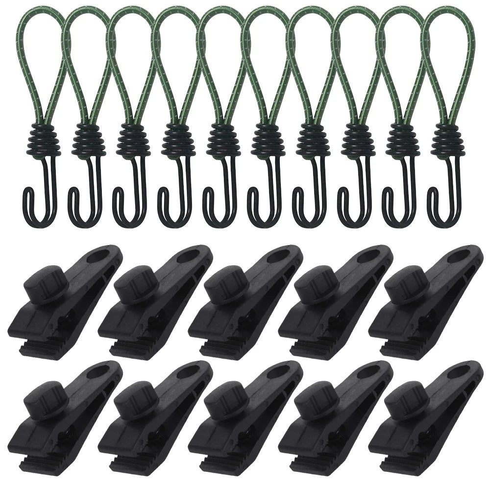 10 Pcs Heavy Duty Tarp Clips And Elastic Rope Cord HookTent Clip Clamps for Tarps Awnings Camping Car and Swimming Pool Covers