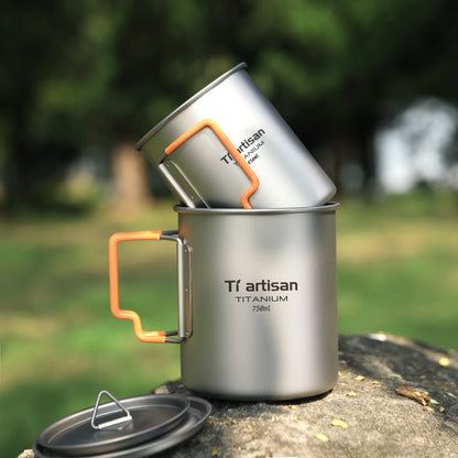 Tiartisan Outdoor Camping Pure Titanium Mug with Collapsible Handle Ultralight Portable Tea Cup Coffee Mug Drinkware