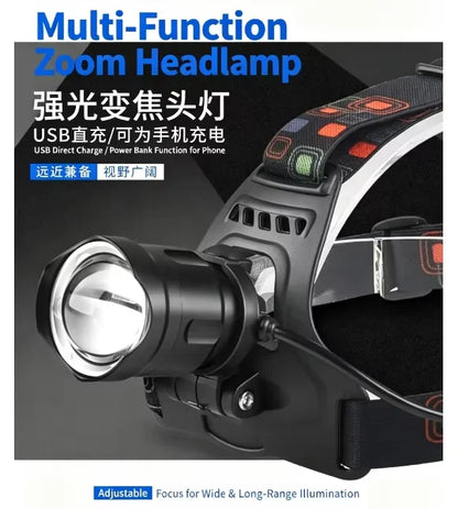 Zoomable LED Headlamp USB Rechargeable Super Bright Waterproof Head Torch High Power Outdoor Head Light for Camping Hiking Worki