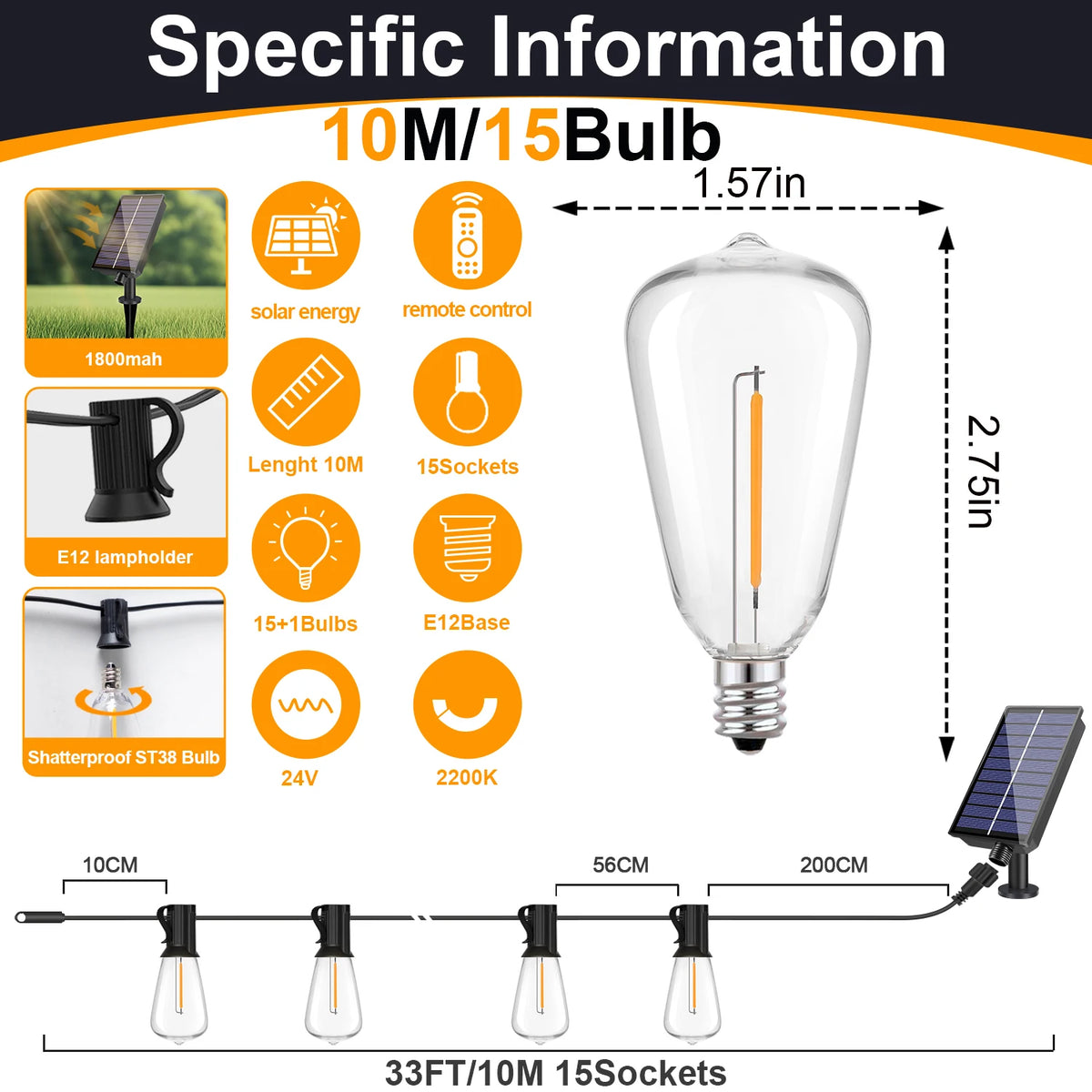 Solar Globe LED String Lights G40 Patio Light USB Recharger 8 Light Modes Remote Control Garden Solar Weatherproof Hanging Light