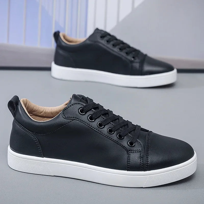 Men’s Minimalist Leather Casual Sneakers – All-Season Board Shoes with Non-Slip Sole