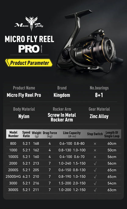 Kingdom Micro Fly Pro Spinning Fishing Reel 800-3000 Ultra Light 8+1 BB 7KG Max Drag 5.2:1/6.2:1 Gear Ratio Freshwater Saltwater