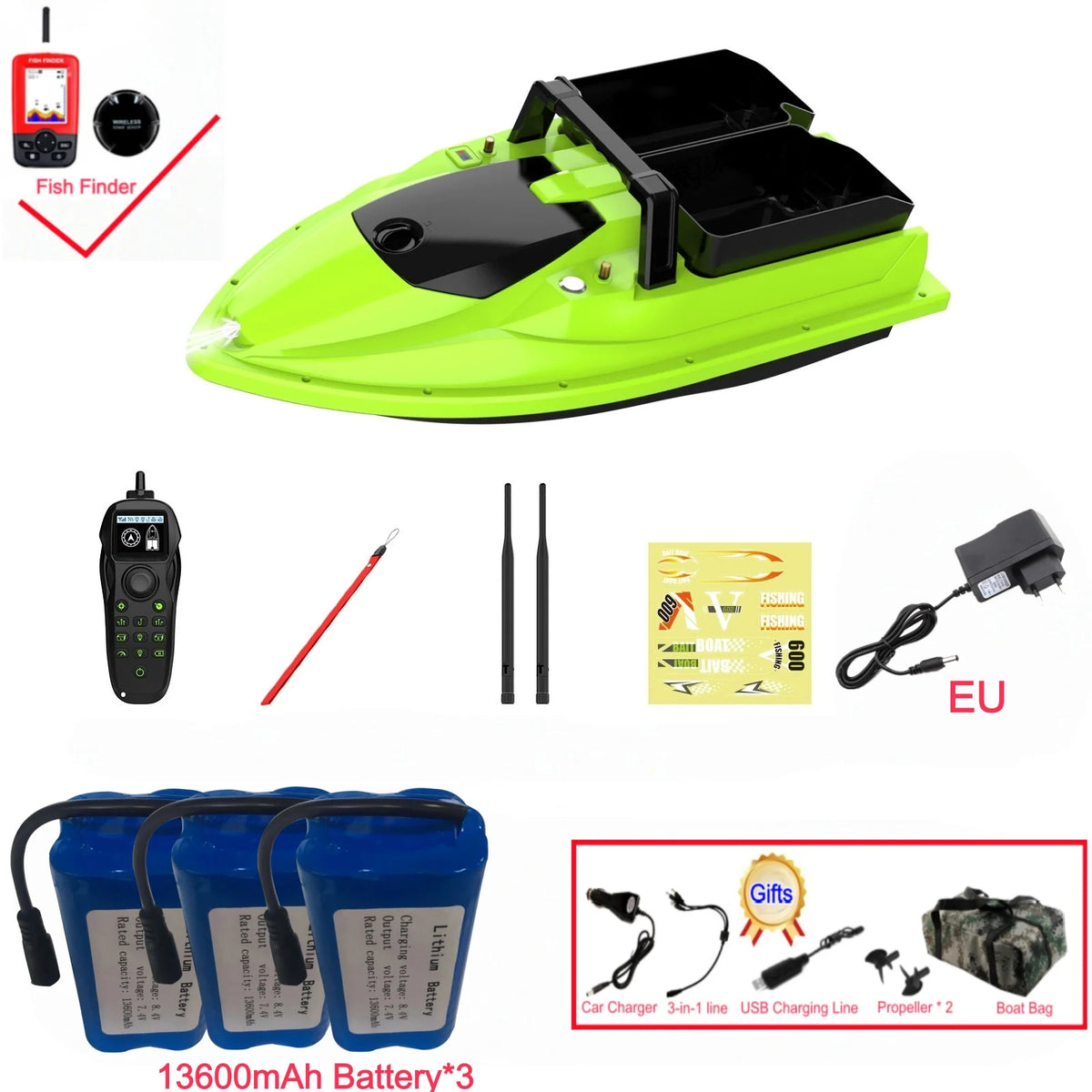Sonar Bait Boat with Color Fish Finder Screen & Dual Hopper