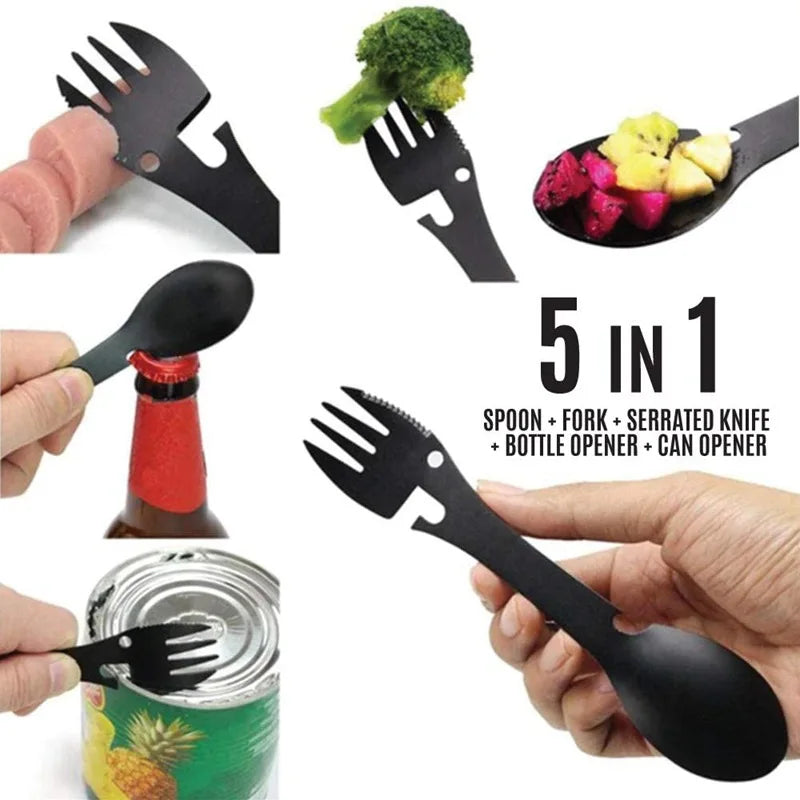 PSKOOK 5-in-1 Utility Tactical Spork, Stainless Steel Spoon & Bottle Opener, Fork & Knife, Can Opener Combo Camping Utensil