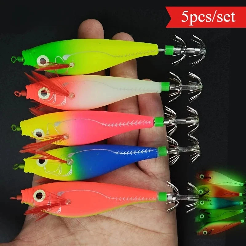 BRAVMACK 5pcs Luminous Horizontal Squid Jig Glow Squid Jigs Saltwater Squid Shrimp Lure Jig Squid Jig Fishing Lure Tackle