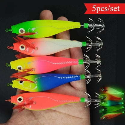 BRAVMACK 5pcs Luminous Horizontal Squid Jig Glow Squid Jigs Saltwater Squid Shrimp Lure Jig Squid Jig Fishing Lure Tackle