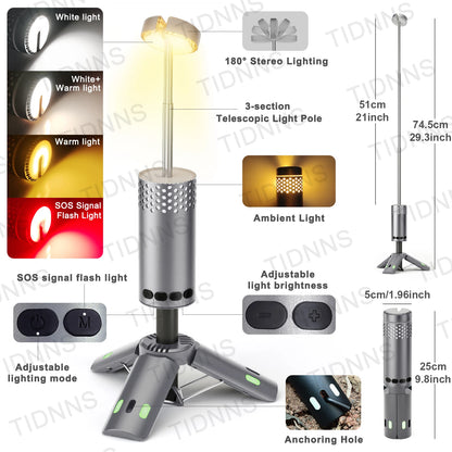 10000mAh Camping Light USB Rechargeable LED Emergency Lamp Outdoor Portable Lanterns with Magnetic Flashlight for BBQ Tents