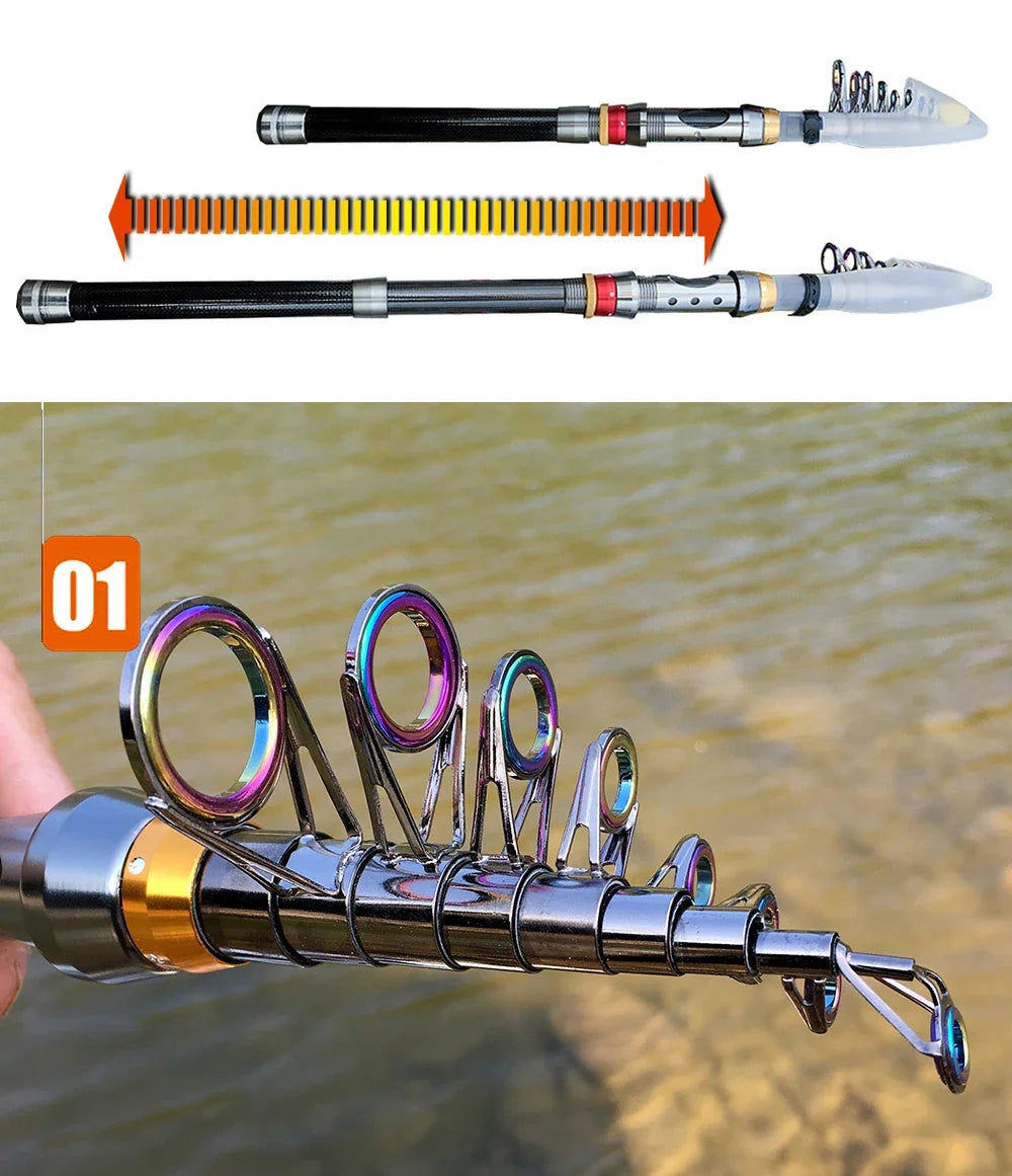 Carbon Fiber Fishing Rod And Reel Combo 1.8-3.6m Telescopic Super Hard Spinning Reel Kit with Max Resistance 3-8kg for Pesca