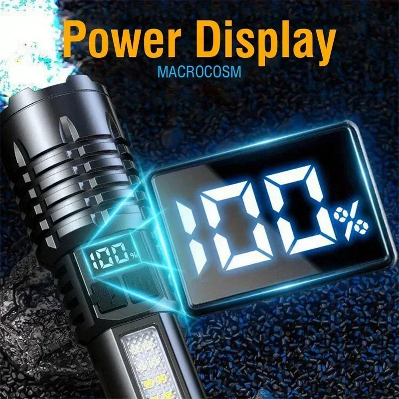 High Power LED Flashlights With Display Screen Zoom Tactical Torch Portable Rechargeable Lamp with Emergency Side Light Lantern