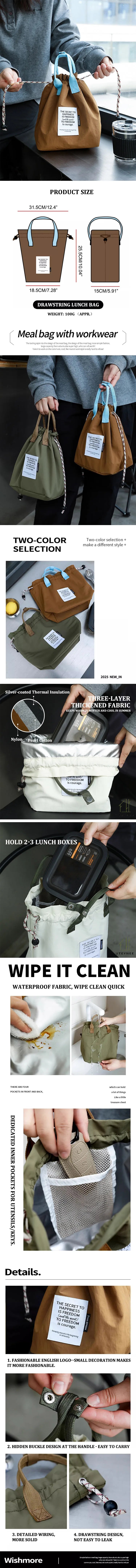 Large Capacity Waterproof Lunch Bag with Drawstring Closure Thick Insulation Cooler Bento Bag for Picnic Work Student Handle Bag