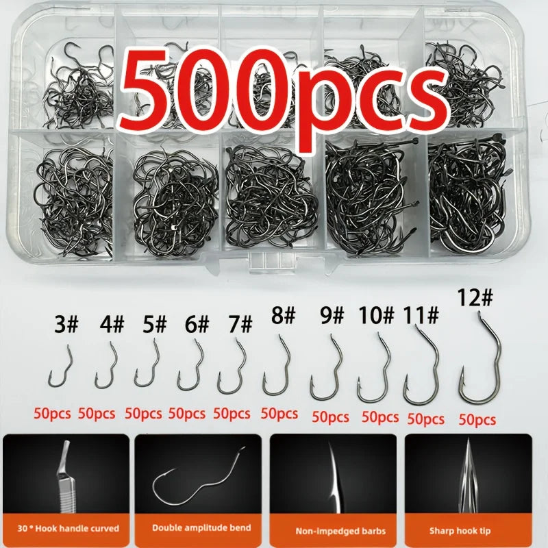 Carbon Steel Fishing Hook Assortment (300/500 Pack)