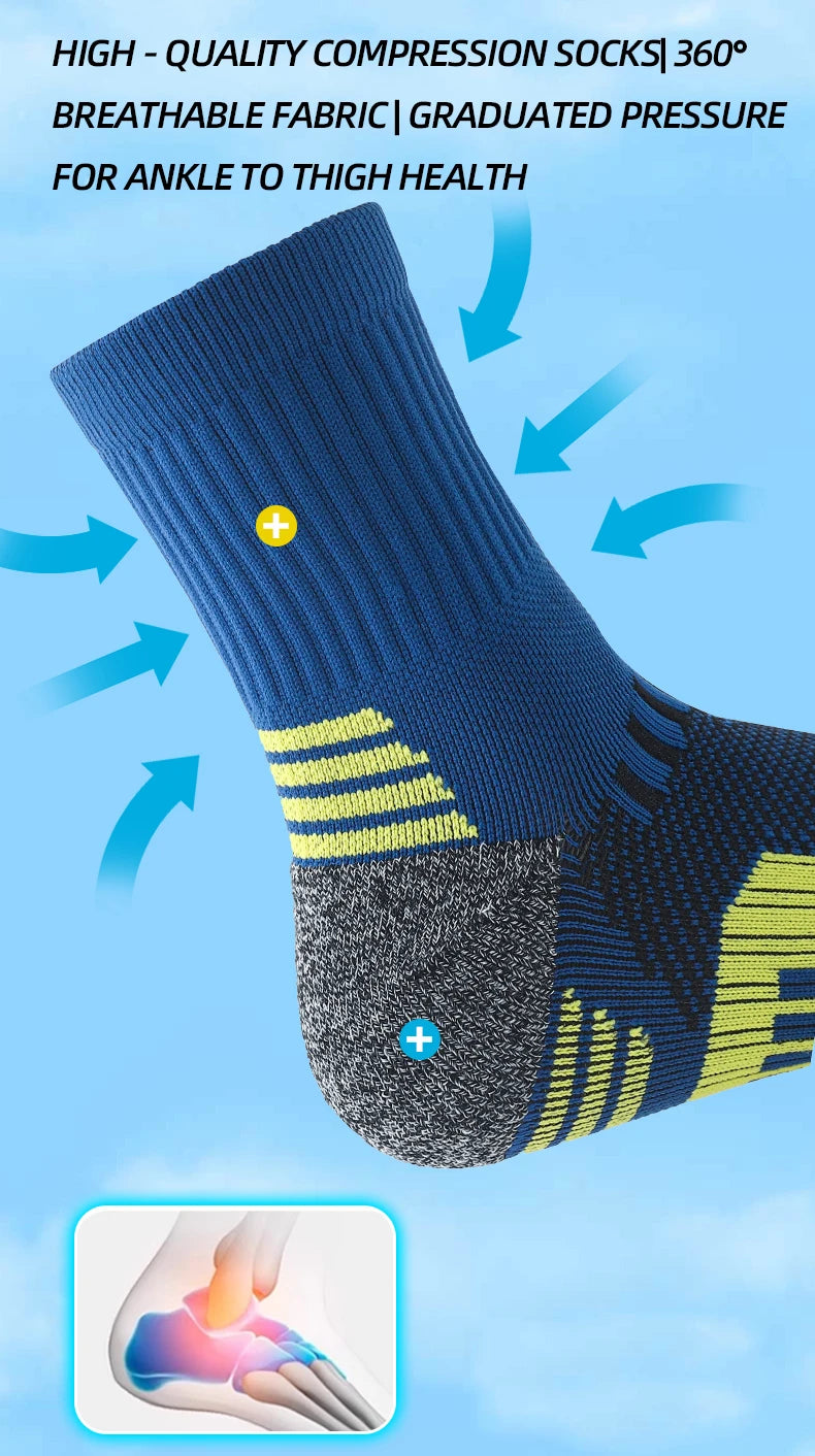 3 Pairs Men's Athetic Socks Sports Breathable Outdoor Running Compression Socks Traning Long Black White  BLUE Stretch Socks