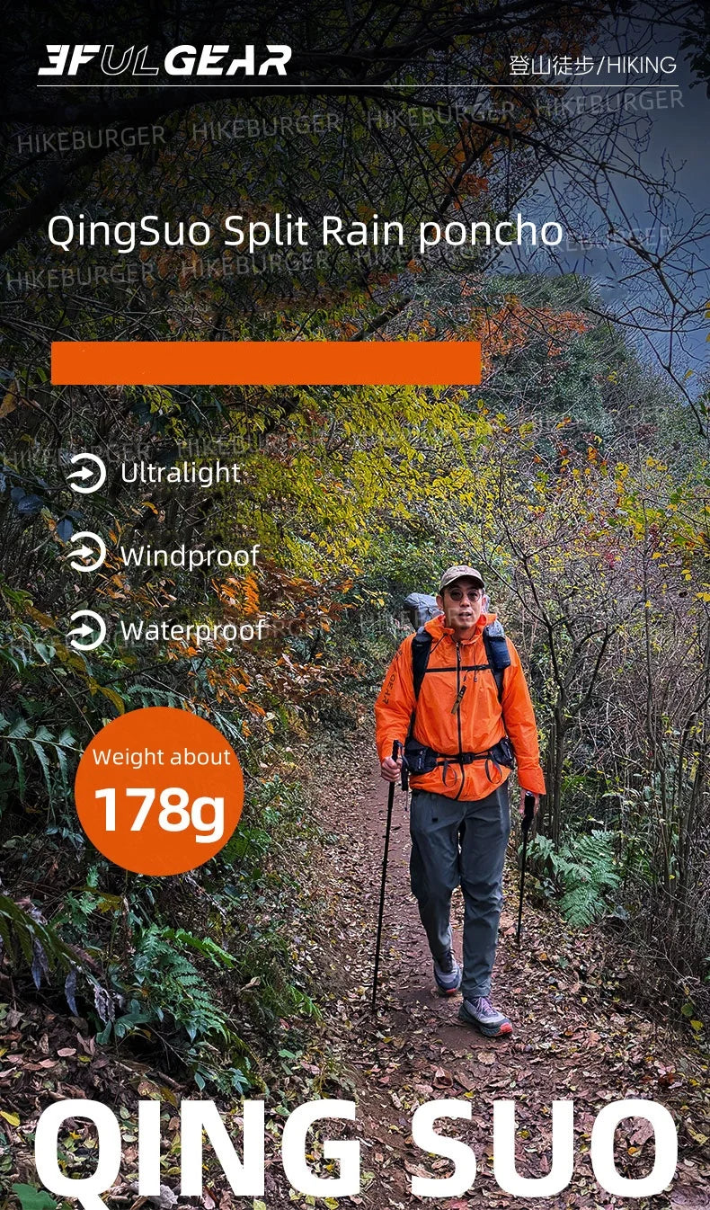 3F UL GEAR QingSuo Spilt Rain Poncho Outdoor Ultralight Sleeve Rain Coats 15D Nylon Waterproof Hiking Cycling Mountaineering