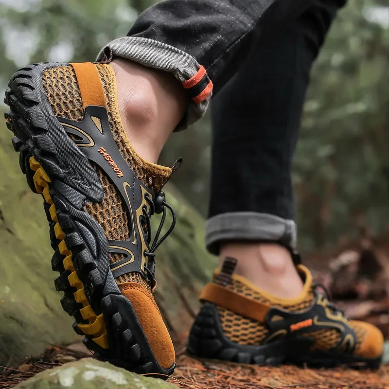 Men’s Outdoor Hiking Shoes – Anti-Slip Wear-Resistant Trekking & Jogging Sneakers (Breathable Trail Shoes, Khaki/Black/Brown/Gray)
