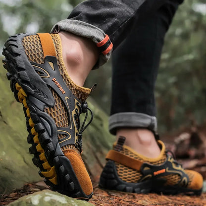 Men’s Outdoor Hiking Shoes – Anti-Slip Wear-Resistant Trekking & Jogging Sneakers (Breathable Trail Shoes, Khaki/Black/Brown/Gray)