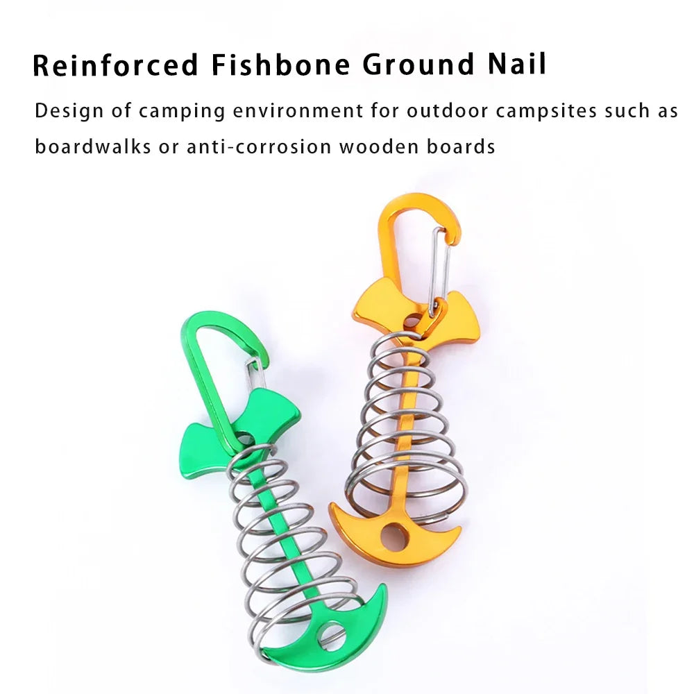 5pcs Fish Bone Shaped Tent Pegs with Rope Buckles Camping Deck Floor Nails Spring Design Outdoor Adventure Essential Accessories