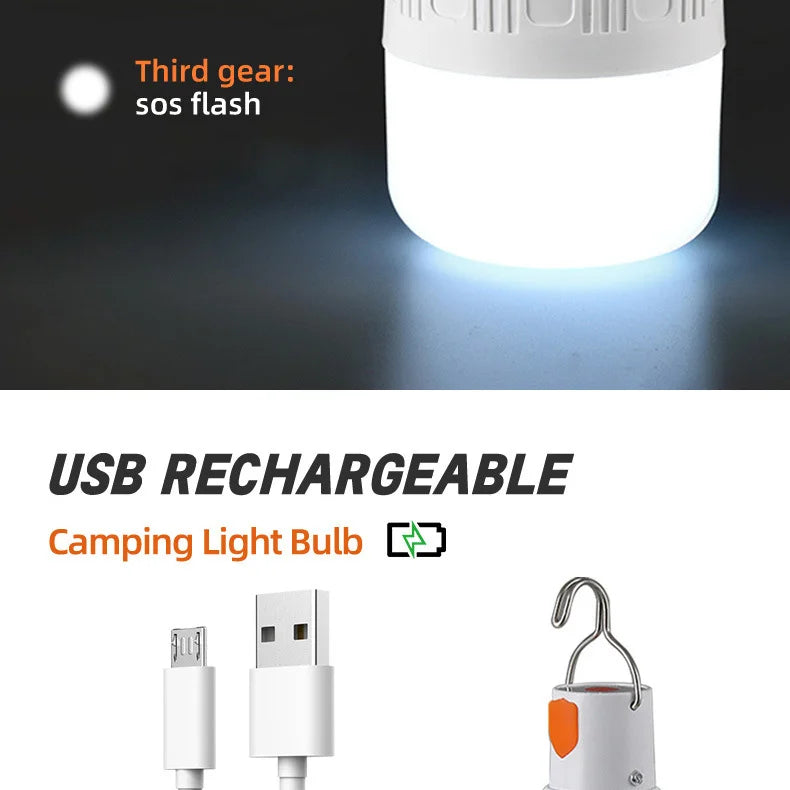 2PCS USB Rechargeable LED Bulb with Hook Portable Emergency Light for Outdoor Camping Fishing Hiking Security