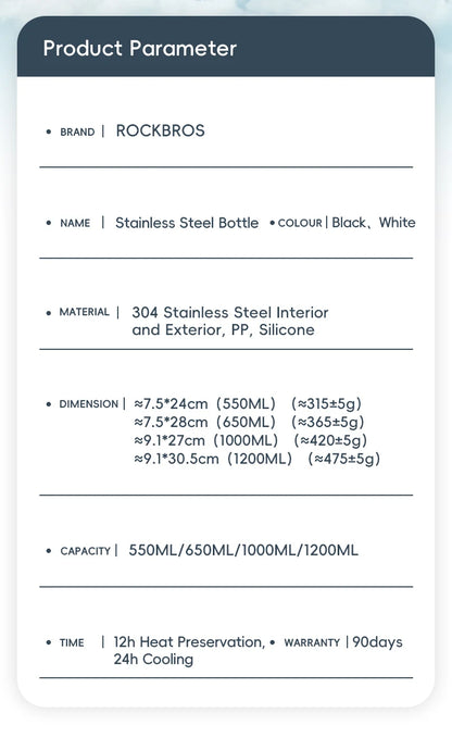 ROCKBROS Cycling Water Bottle Thermal Drinkware Vacuum Flasks & Thermoses Bottle 500ml 650ml 1000ml 1200ml Cycling Water Bottle