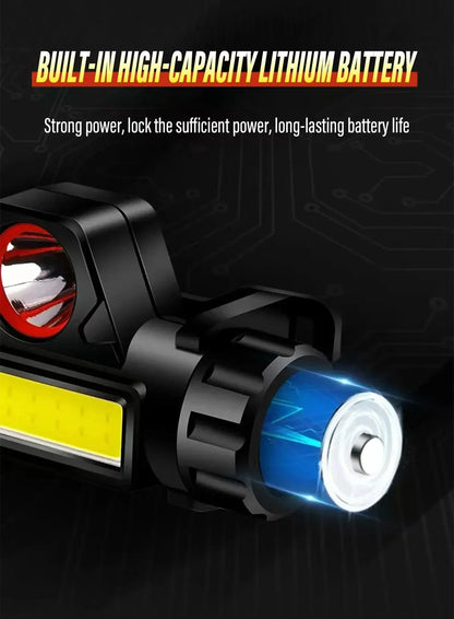 Rechargeable Fishing LED Headlamp Camping Headlight XPE COB Work Light 2 Lighting Modes With Tail Magnet Detachable